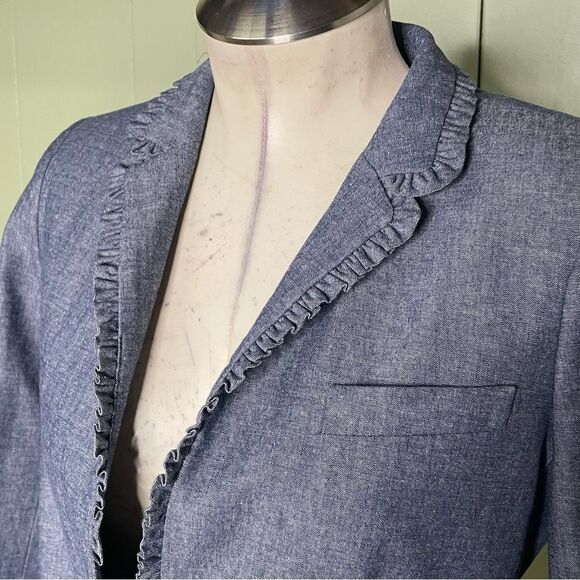 J. Crew Regent Blazer Jacket Chambray Denim Ruffles Academia Career Office Sz 0 - Picture 4 of 15